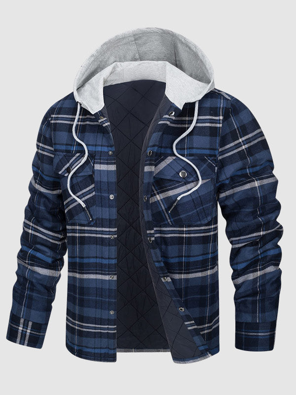Men's hooded plaid thickened warm button shirt jacket