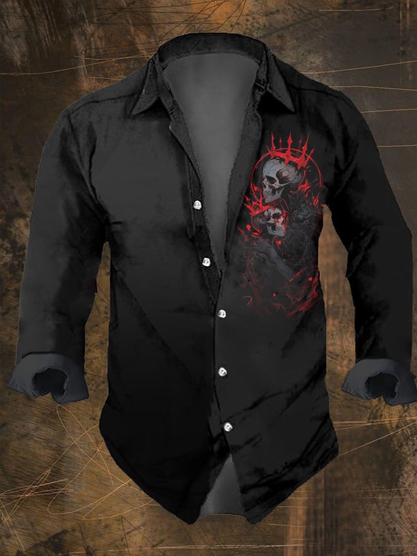 Men's Vintage Dark Skull Print Long Sleeve Shirt