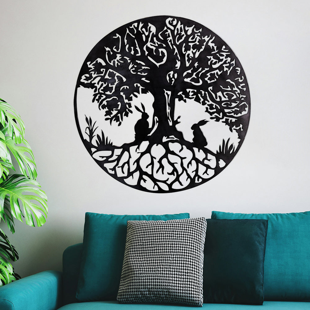 Two Rabbits and Tree of Life Metal Wall Art
