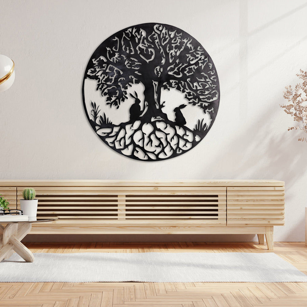 Two Rabbits and Tree of Life Metal Wall Art