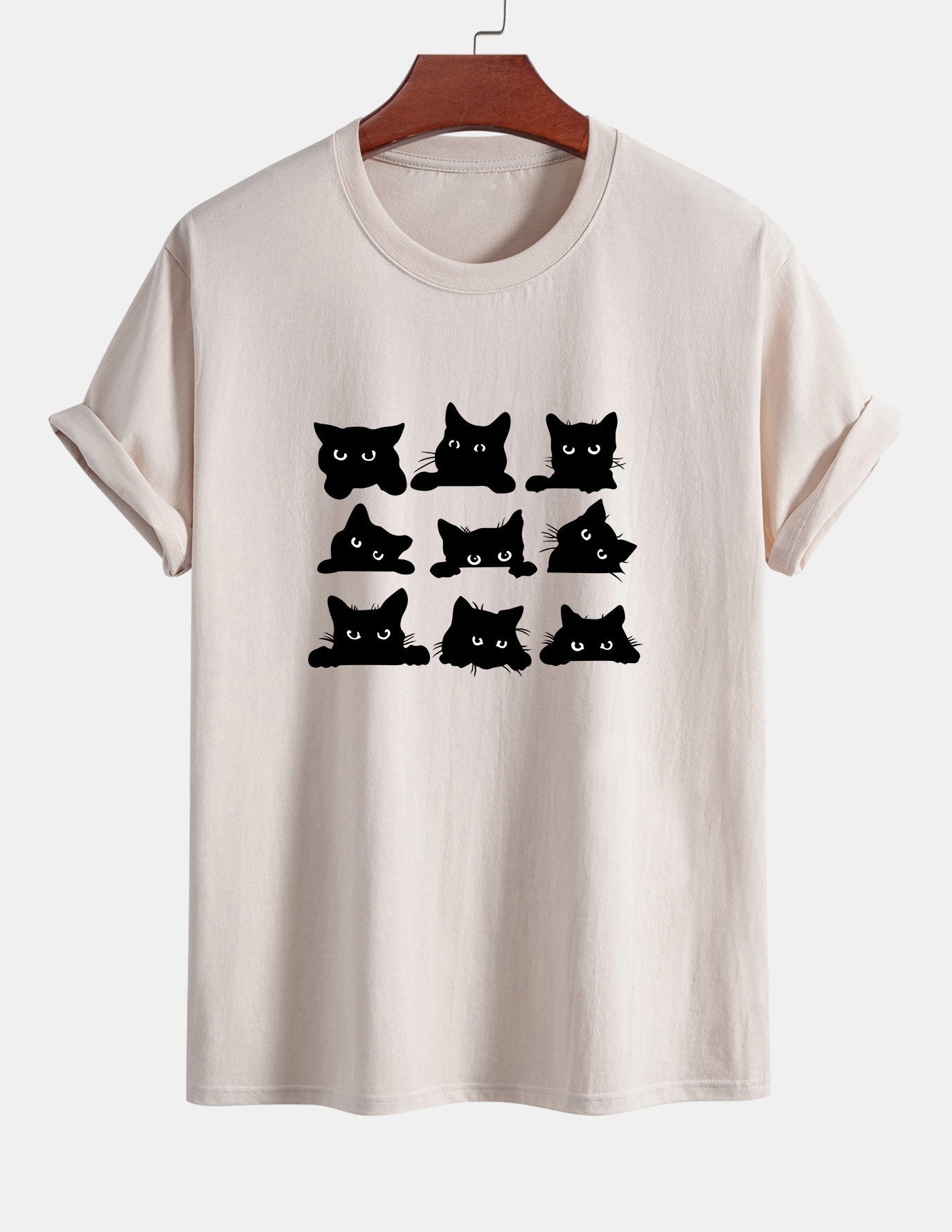Schwarzes Baumwoll-T-Shirt mit Katzen-Print in normaler Passform