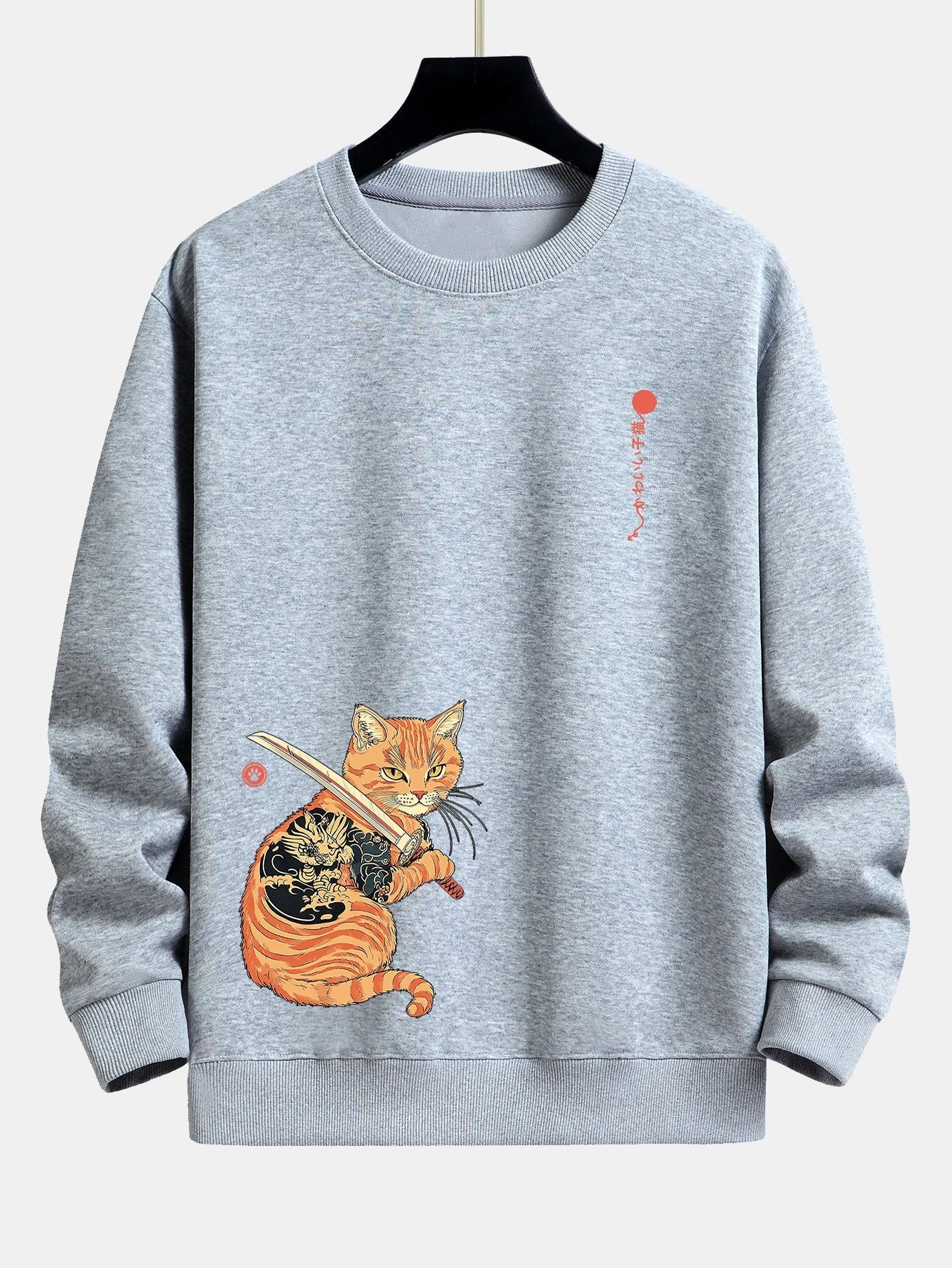 Relaxed Fit Sweatshirt mit Samurai-Kriegerkatzen-Print