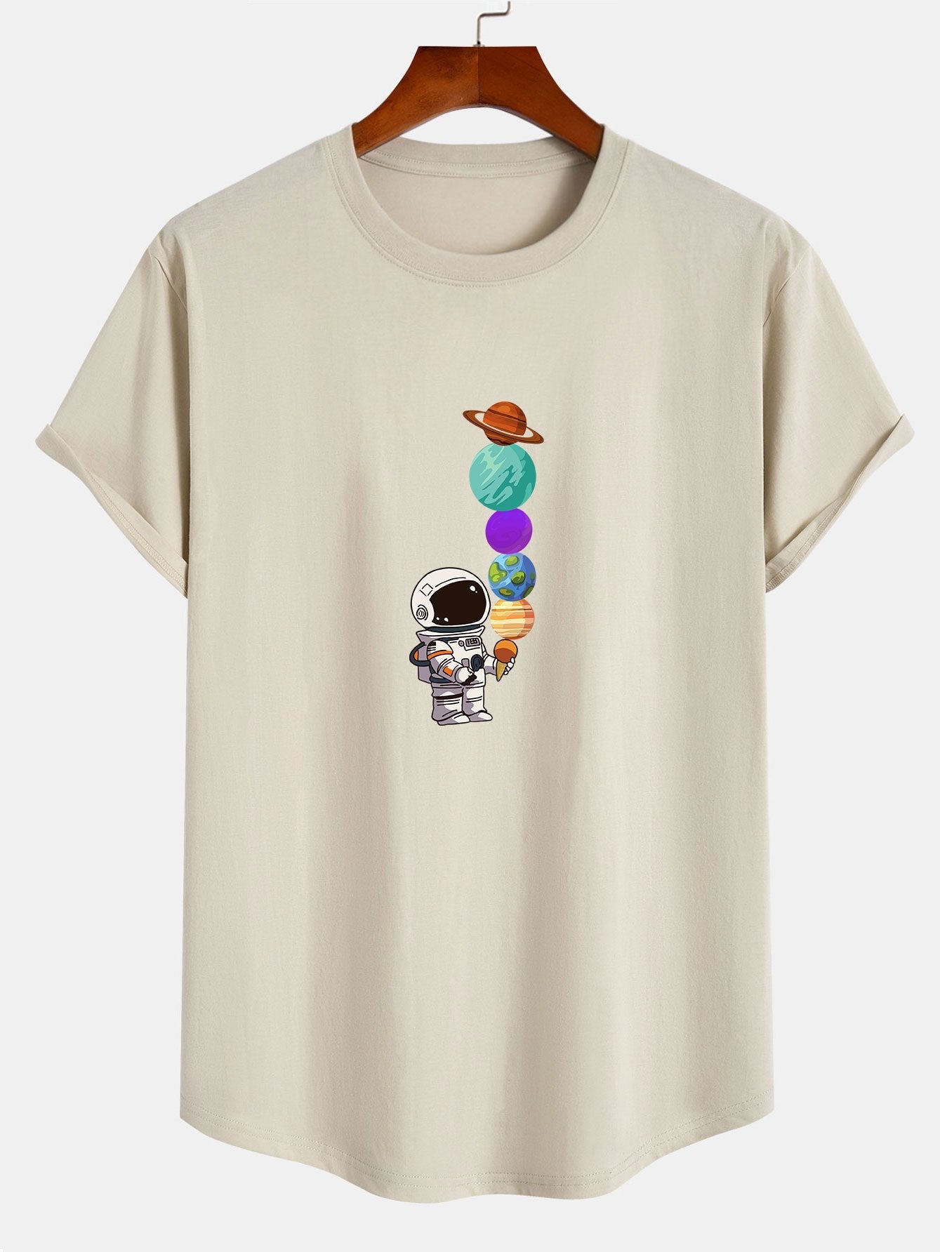 Baumwoll-T-Shirt mit Planeten- und Astronauten-Print und bogenförmigem Saum