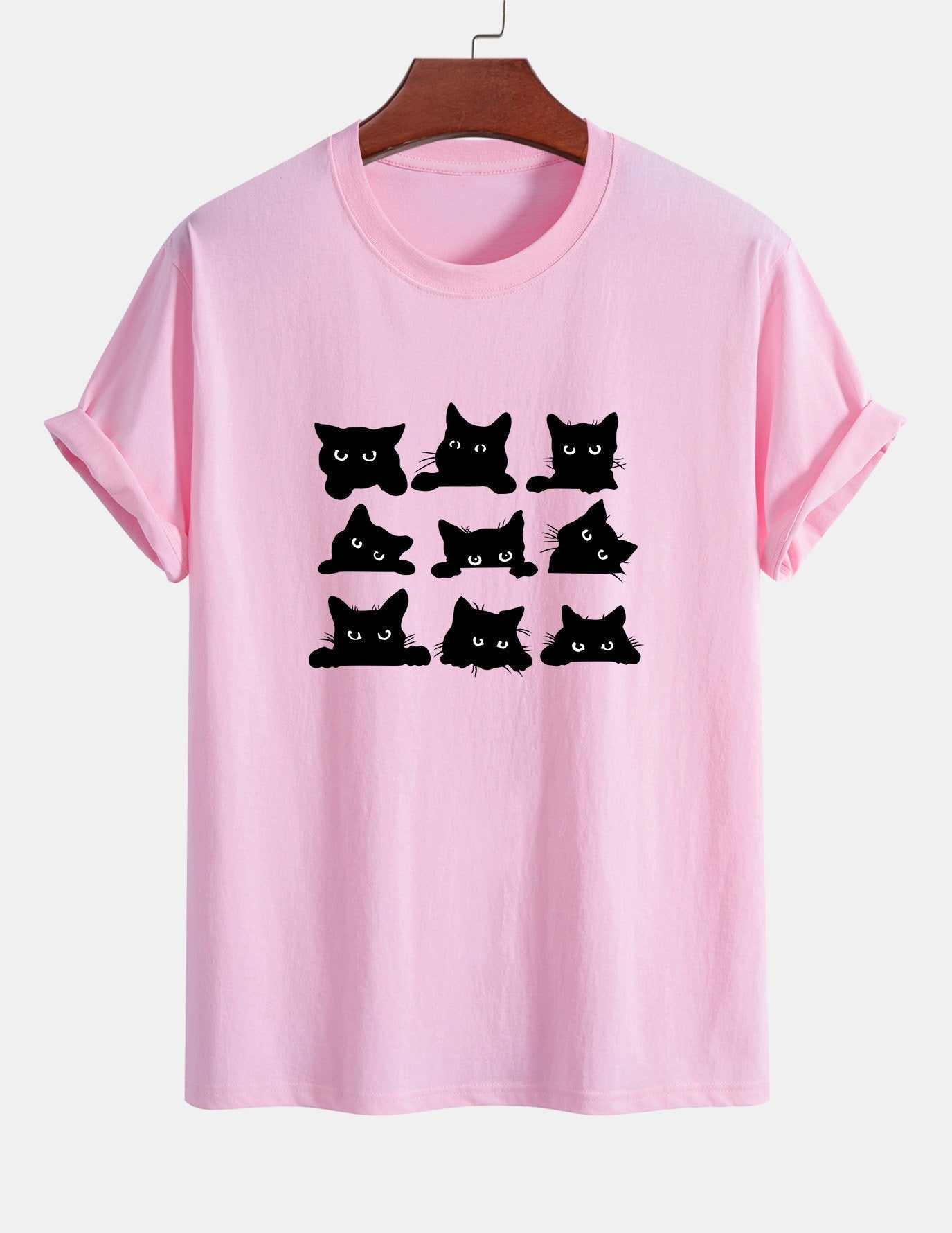 Schwarzes Baumwoll-T-Shirt mit Katzen-Print in normaler Passform