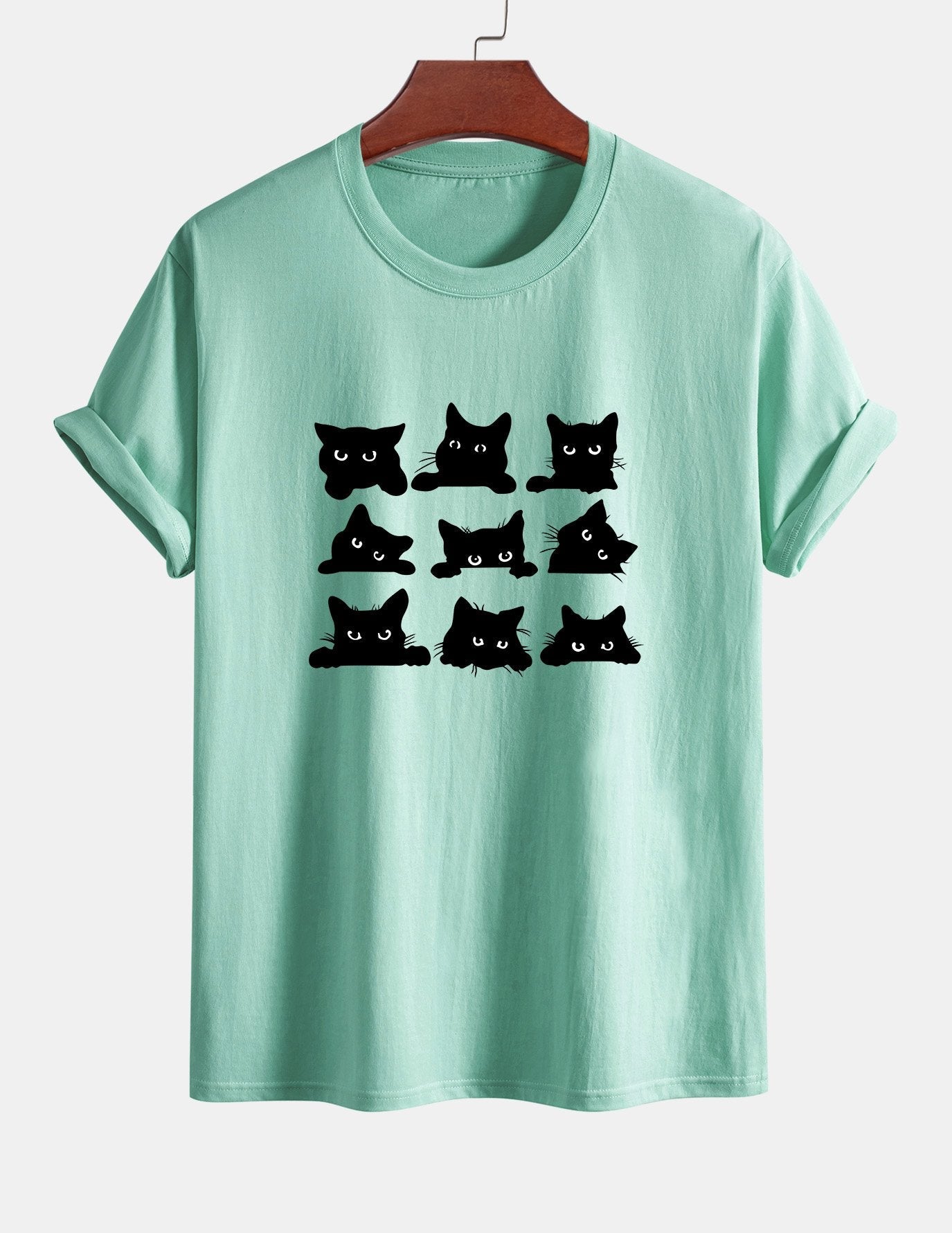 Schwarzes Baumwoll-T-Shirt mit Katzen-Print in normaler Passform