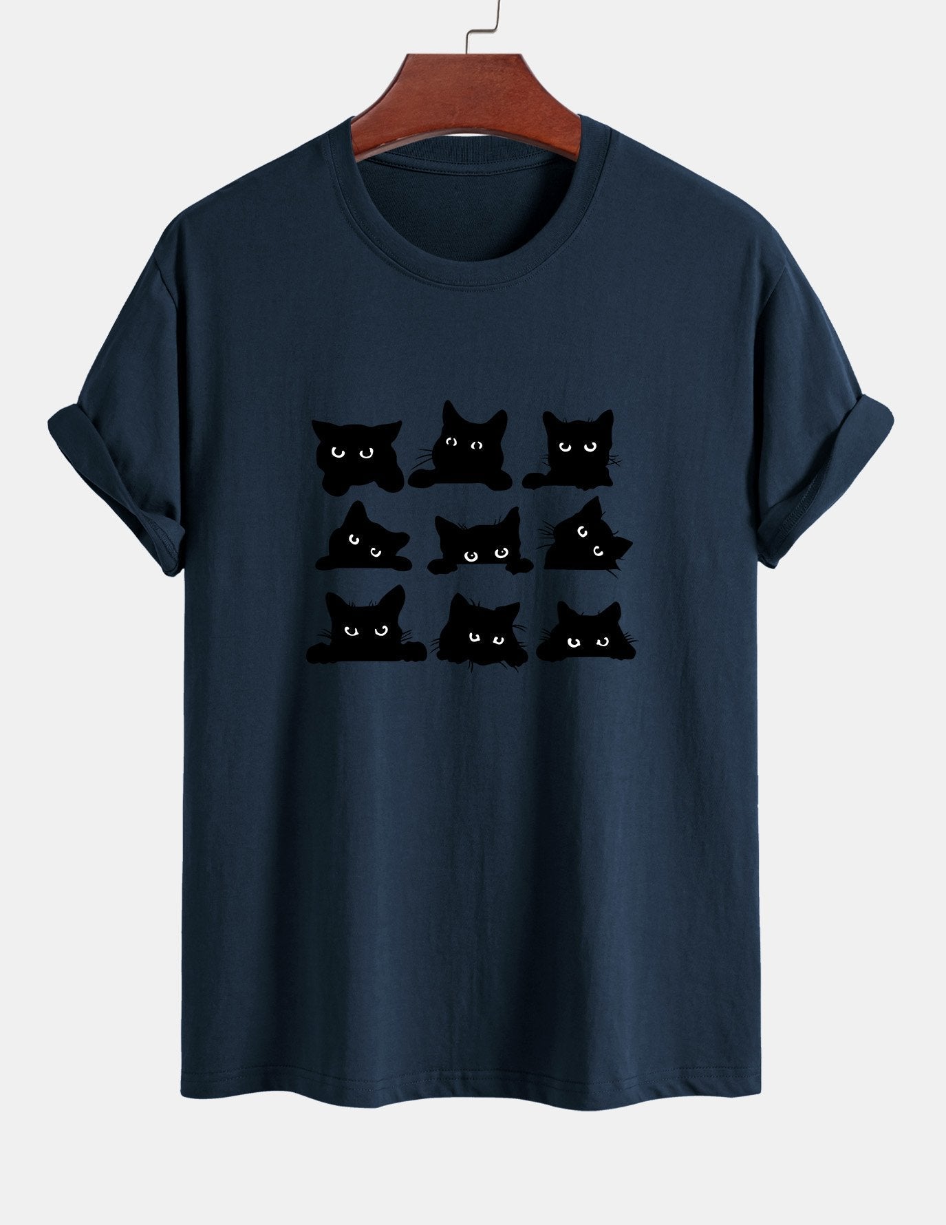 Schwarzes Baumwoll-T-Shirt mit Katzen-Print in normaler Passform