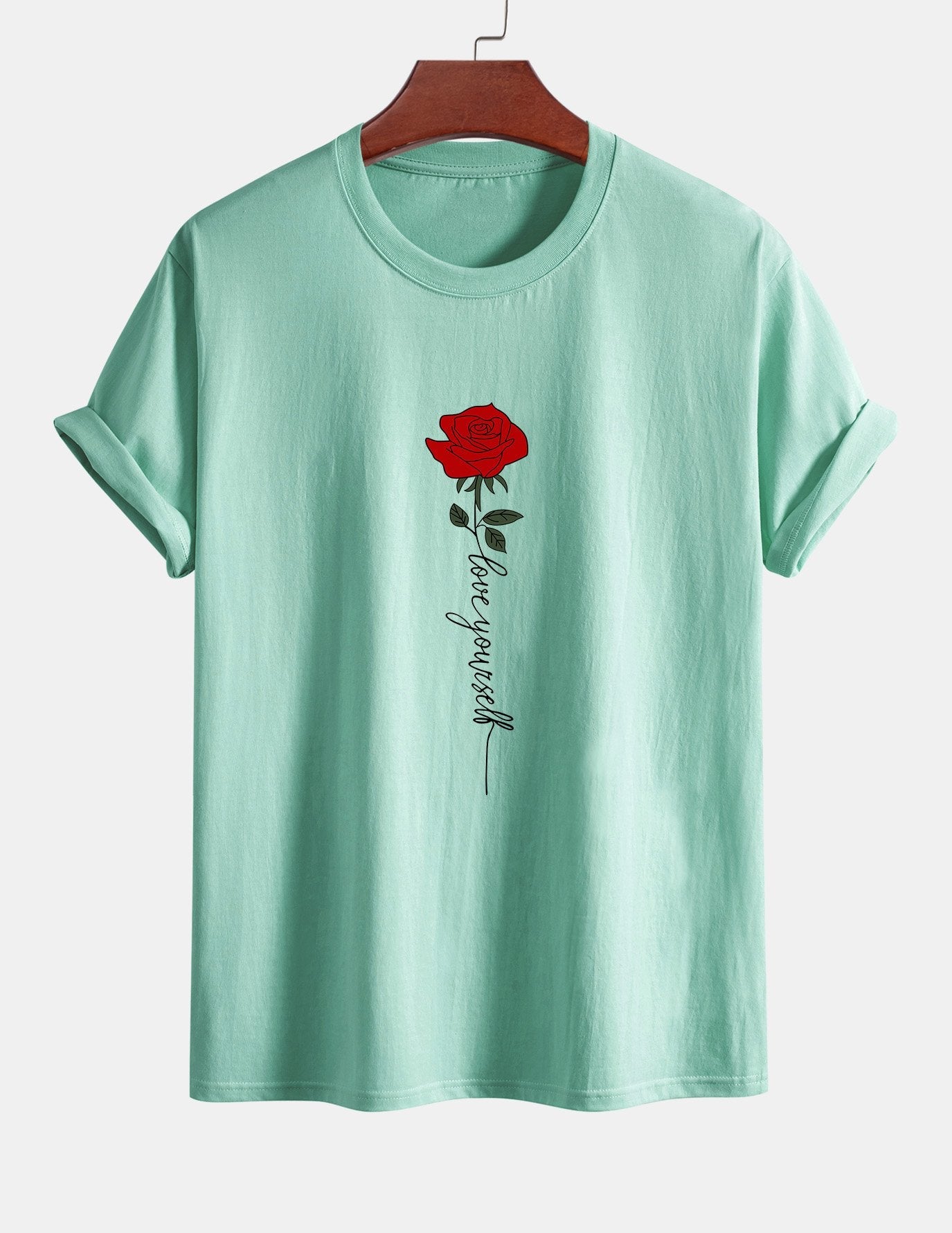 Baumwoll-T-Shirt mit Rosen-Slogan-Print in normaler Passform