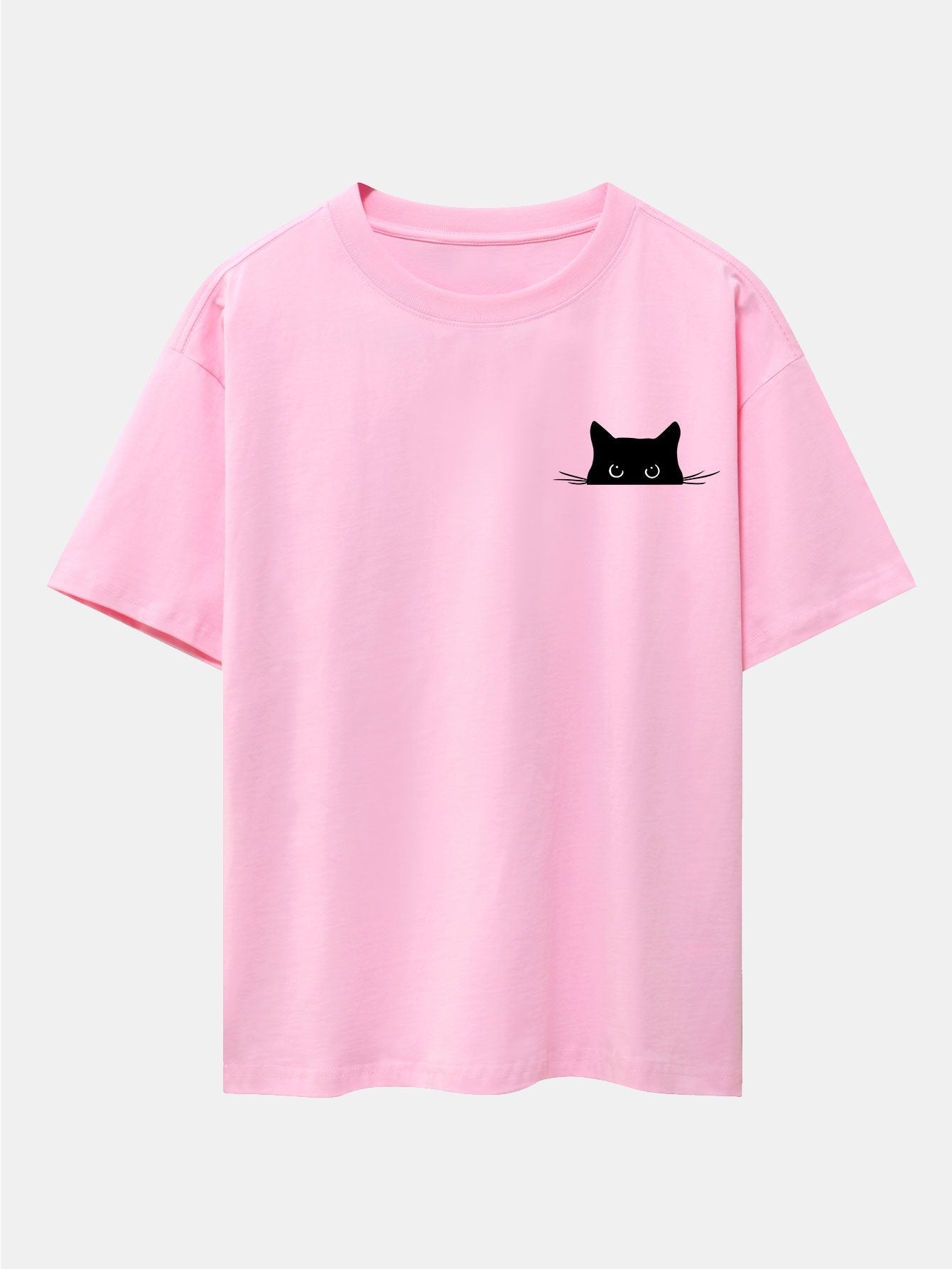 Schwarzes Oversize-T-Shirt mit überschnittener Schulter und Katzen-Print