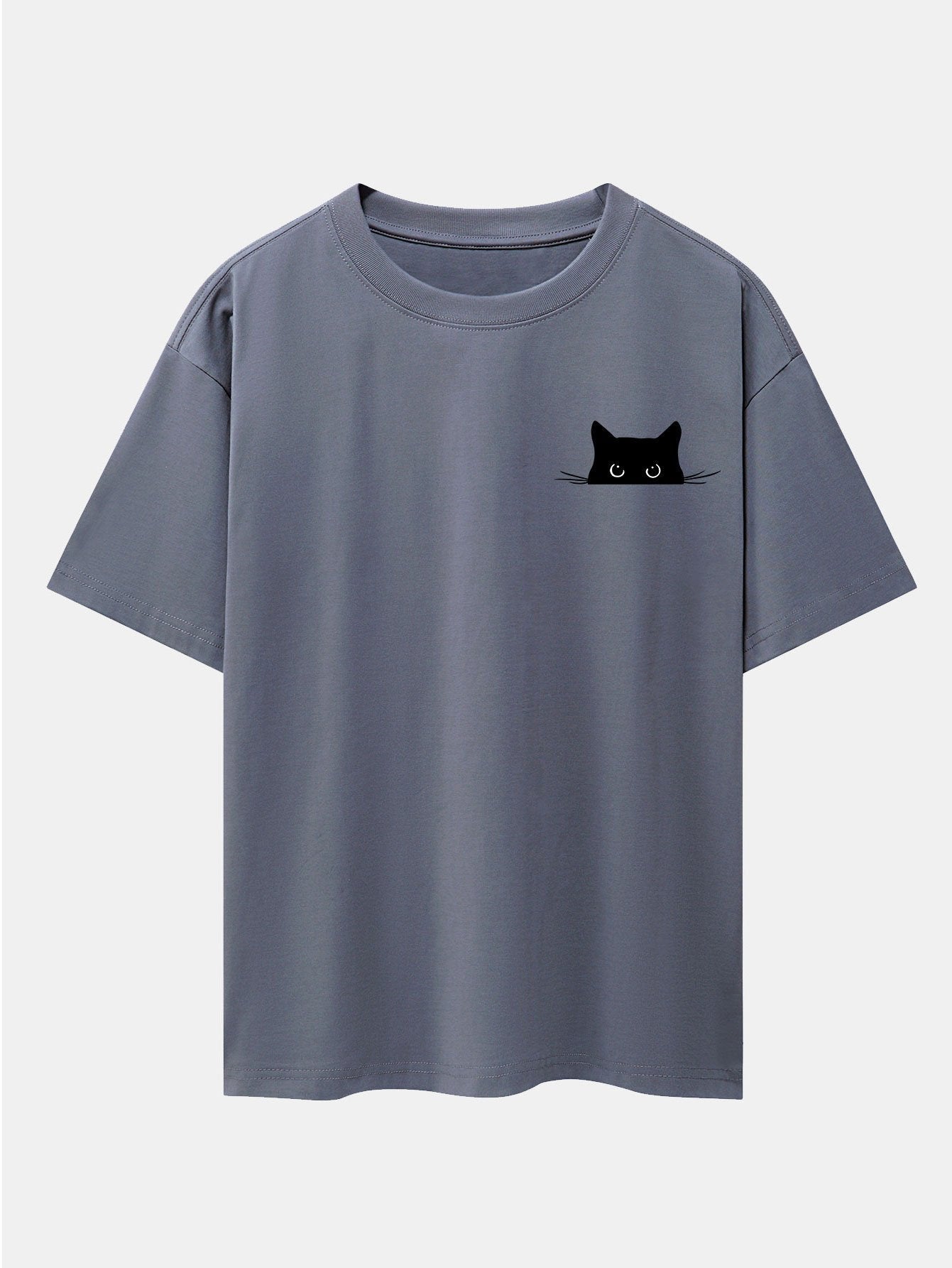 Schwarzes Oversize-T-Shirt mit überschnittener Schulter und Katzen-Print