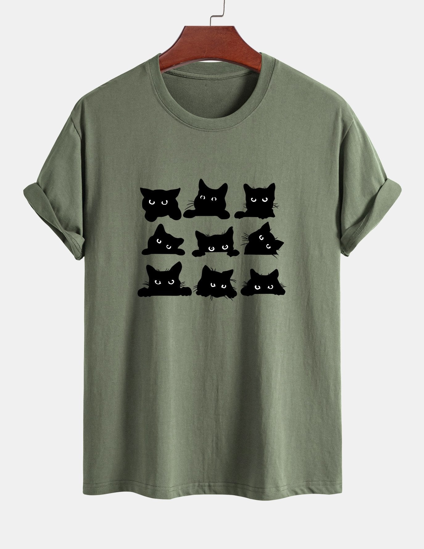 Schwarzes Baumwoll-T-Shirt mit Katzen-Print in normaler Passform