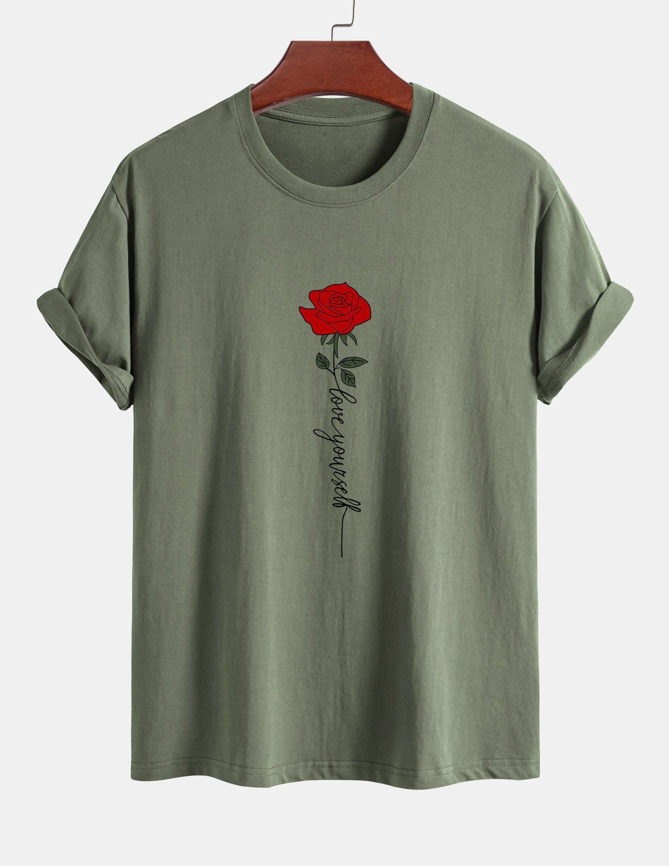 Baumwoll-T-Shirt mit Rosen-Slogan-Print in normaler Passform