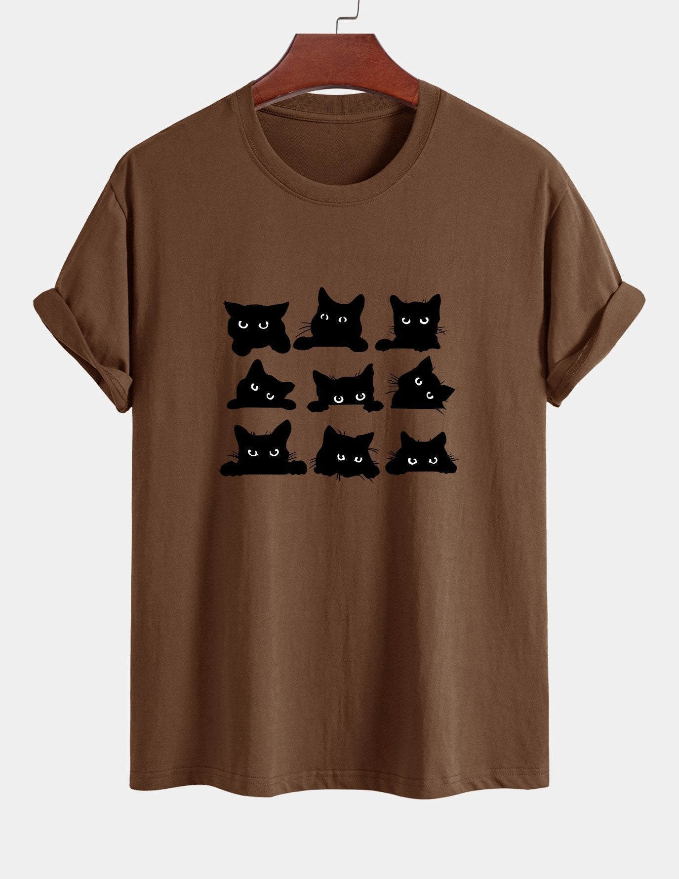 Schwarzes Baumwoll-T-Shirt mit Katzen-Print in normaler Passform