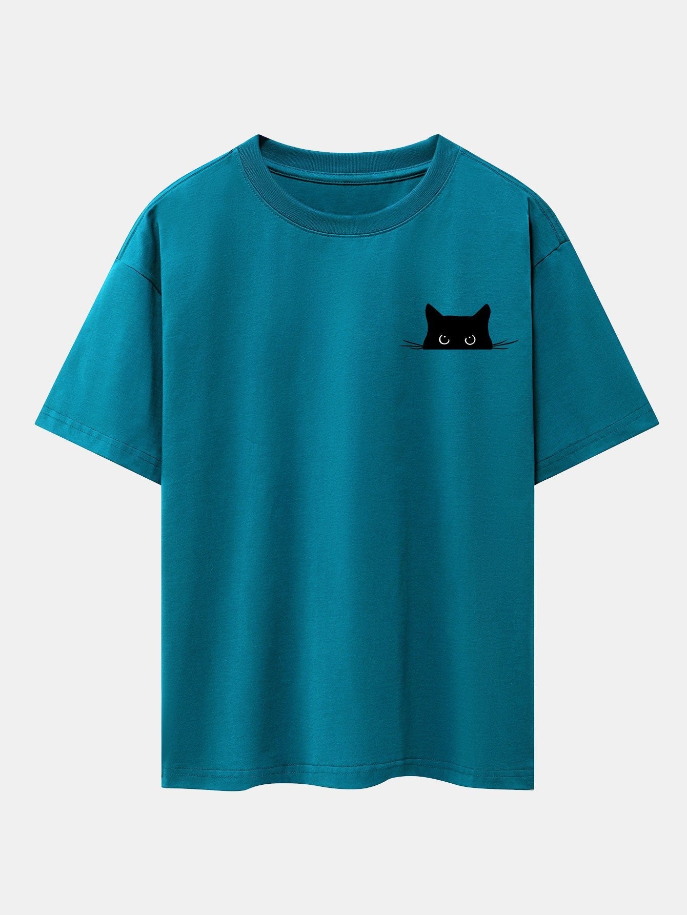 Schwarzes Oversize-T-Shirt mit überschnittener Schulter und Katzen-Print