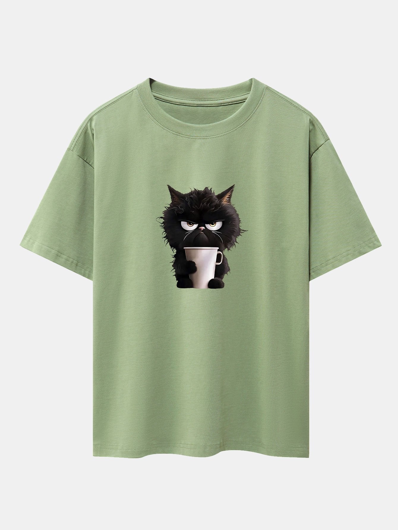 Schwarzes Oversize-T-Shirt mit überschnittener Schulter und Kaffeetrinken-Aufdruck
