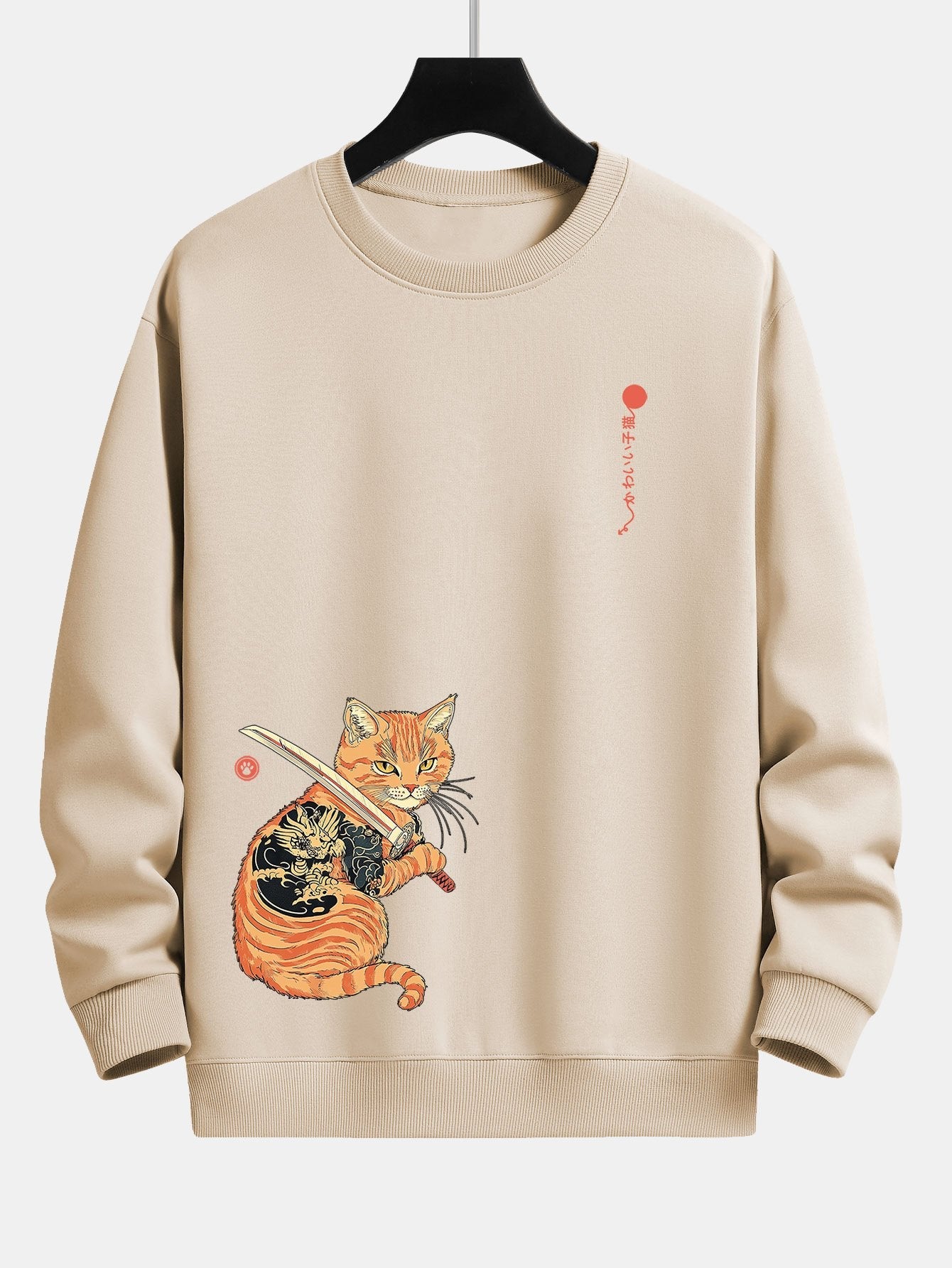 Relaxed Fit Sweatshirt mit Samurai-Kriegerkatzen-Print