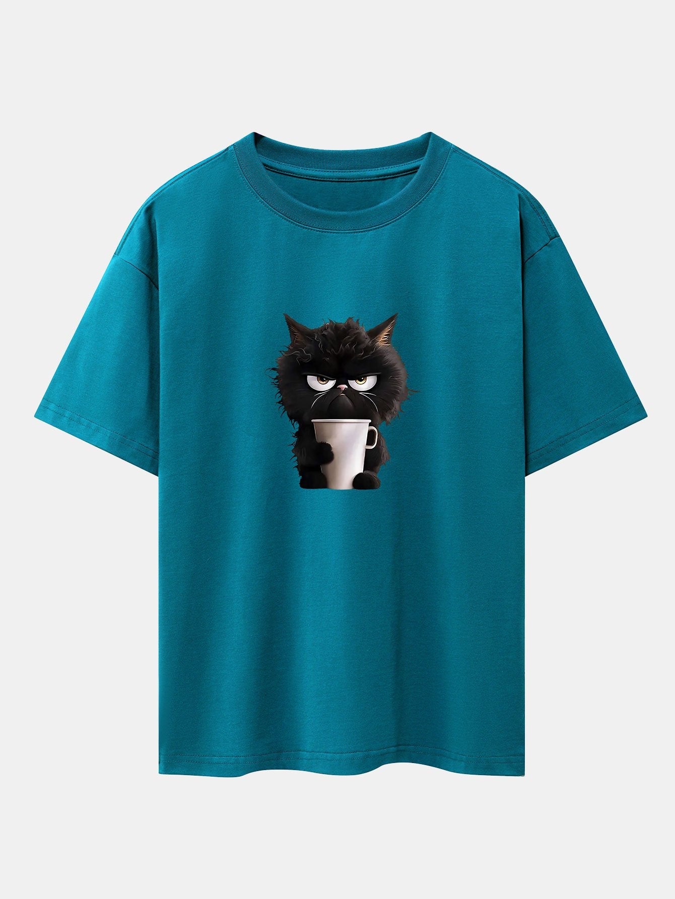 Schwarzes Oversize-T-Shirt mit überschnittener Schulter und Kaffeetrinken-Aufdruck