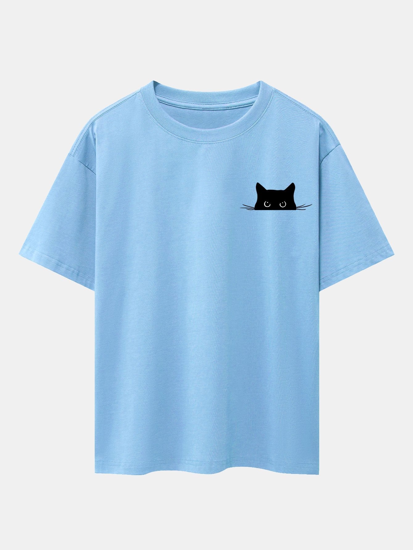 Schwarzes Oversize-T-Shirt mit überschnittener Schulter und Katzen-Print