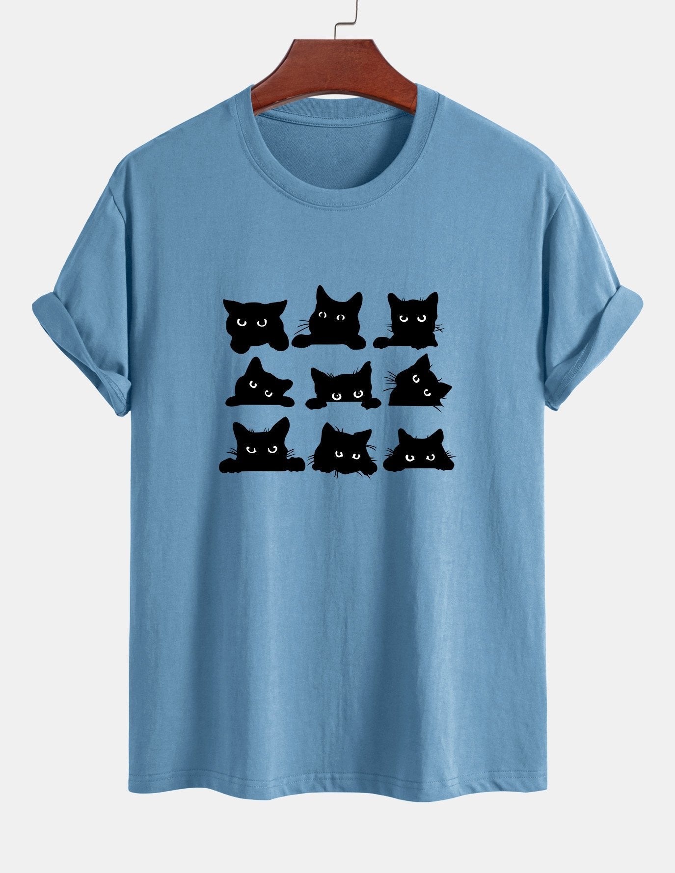 Schwarzes Baumwoll-T-Shirt mit Katzen-Print in normaler Passform