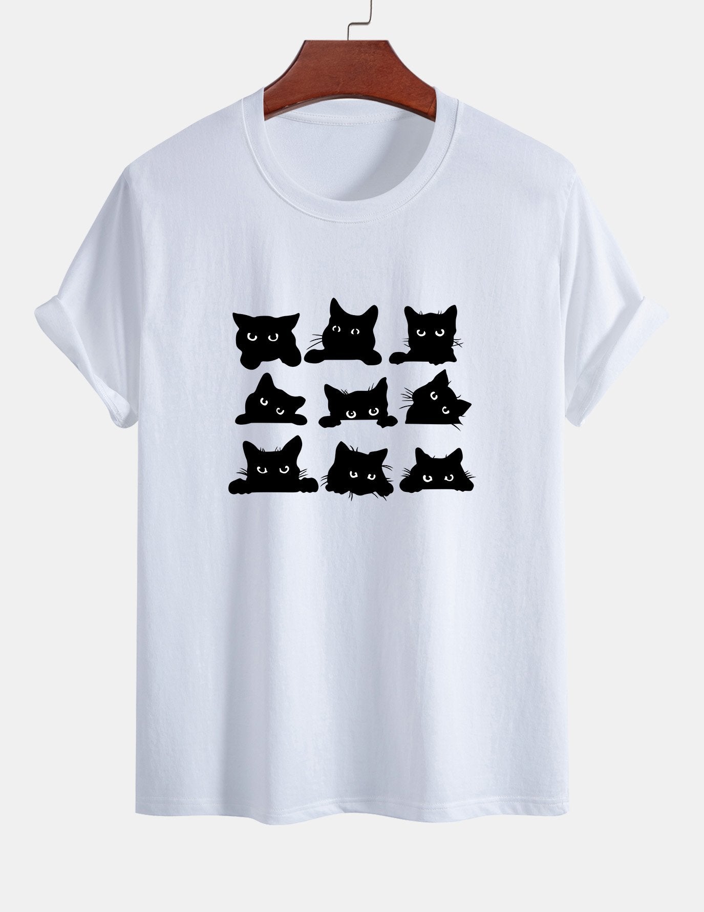 Schwarzes Baumwoll-T-Shirt mit Katzen-Print in normaler Passform
