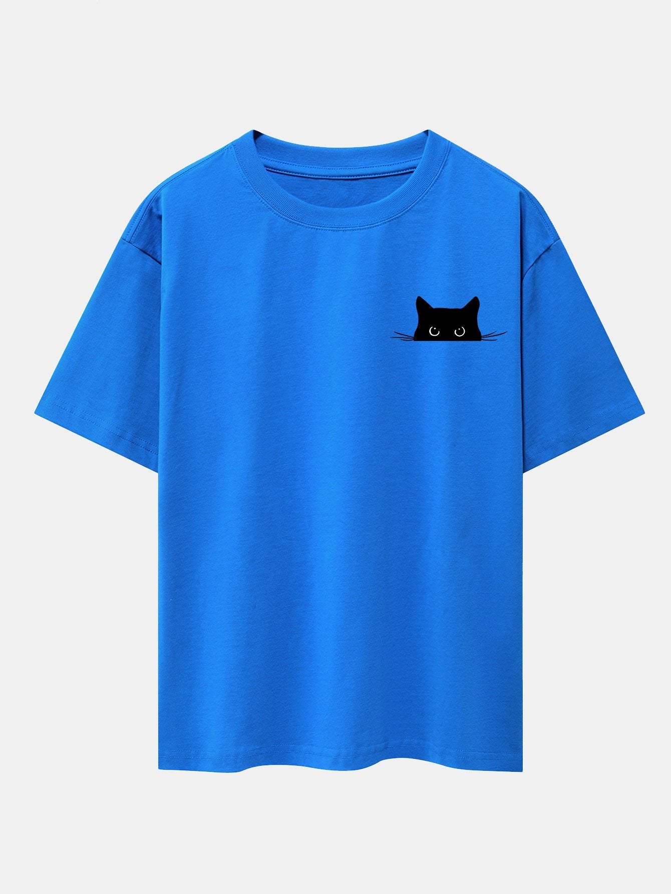 Schwarzes Oversize-T-Shirt mit überschnittener Schulter und Katzen-Print