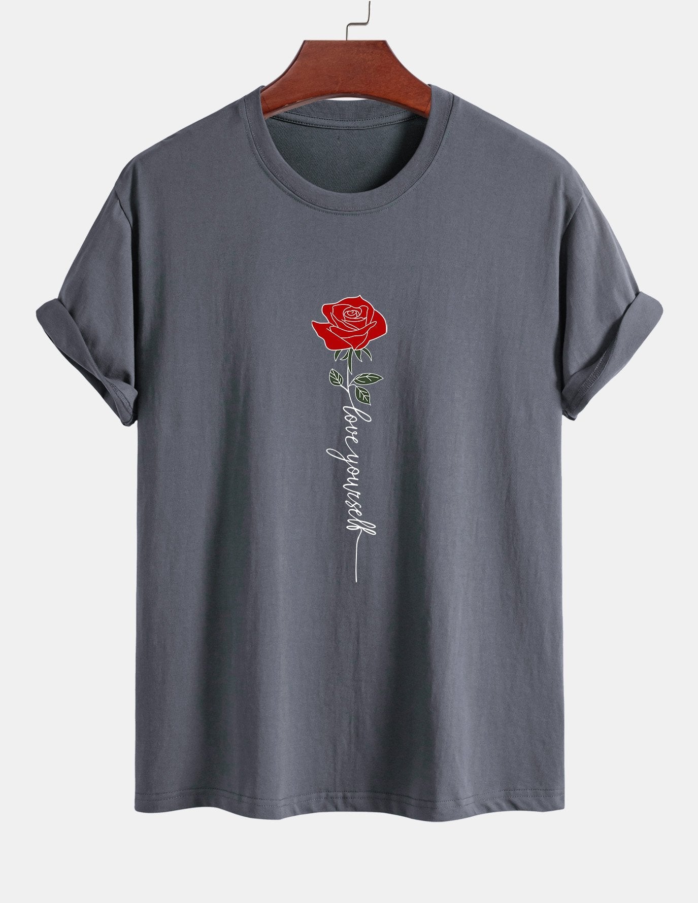 Baumwoll-T-Shirt mit Rosen-Slogan-Print in normaler Passform