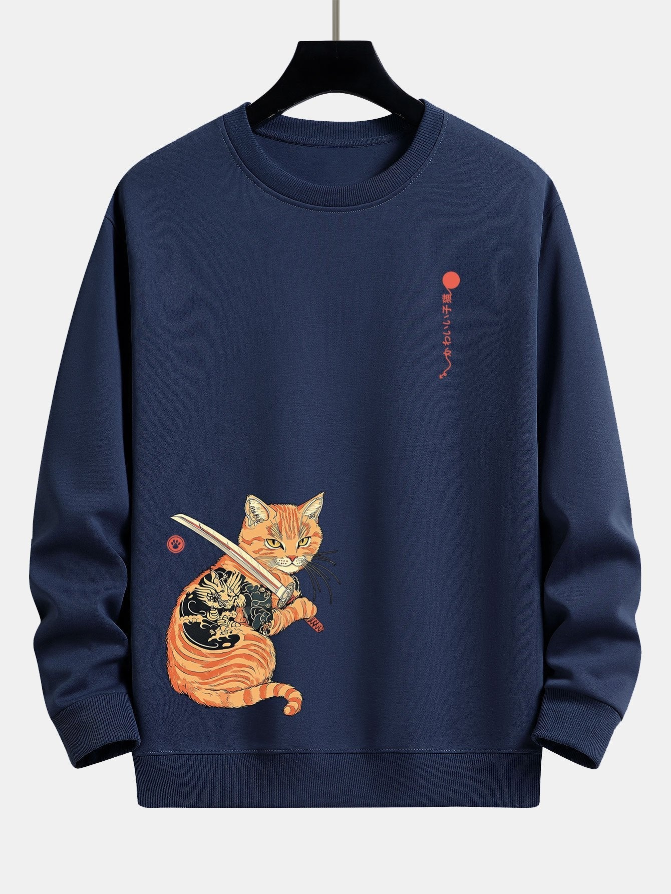 Relaxed Fit Sweatshirt mit Samurai-Kriegerkatzen-Print