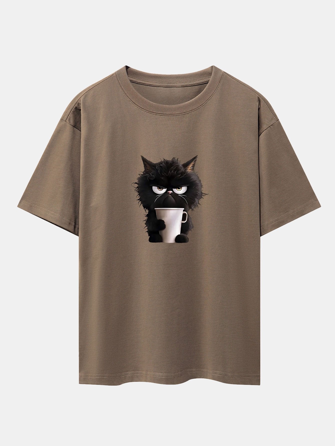 Schwarzes Oversize-T-Shirt mit überschnittener Schulter und Kaffeetrinken-Aufdruck