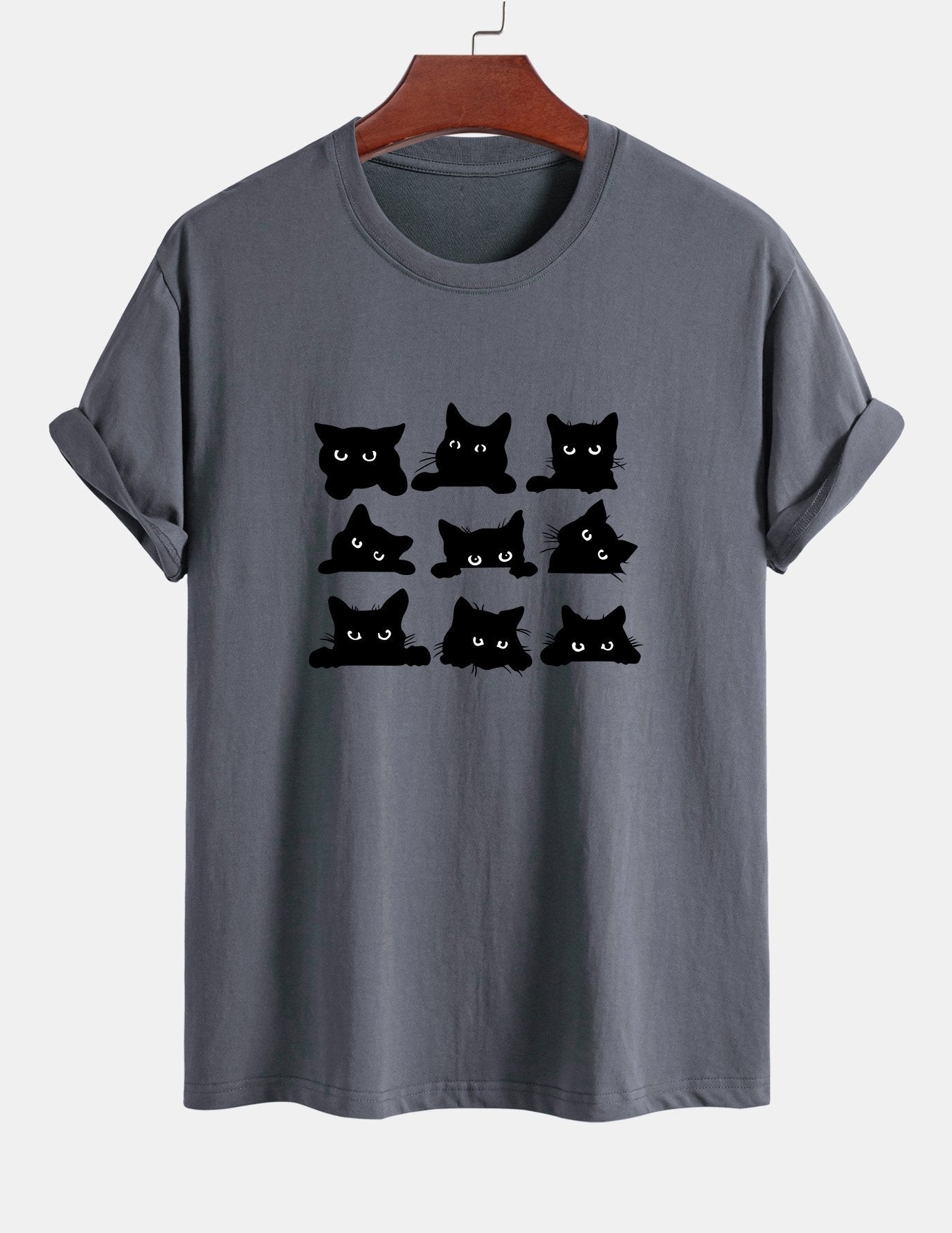 Schwarzes Baumwoll-T-Shirt mit Katzen-Print in normaler Passform