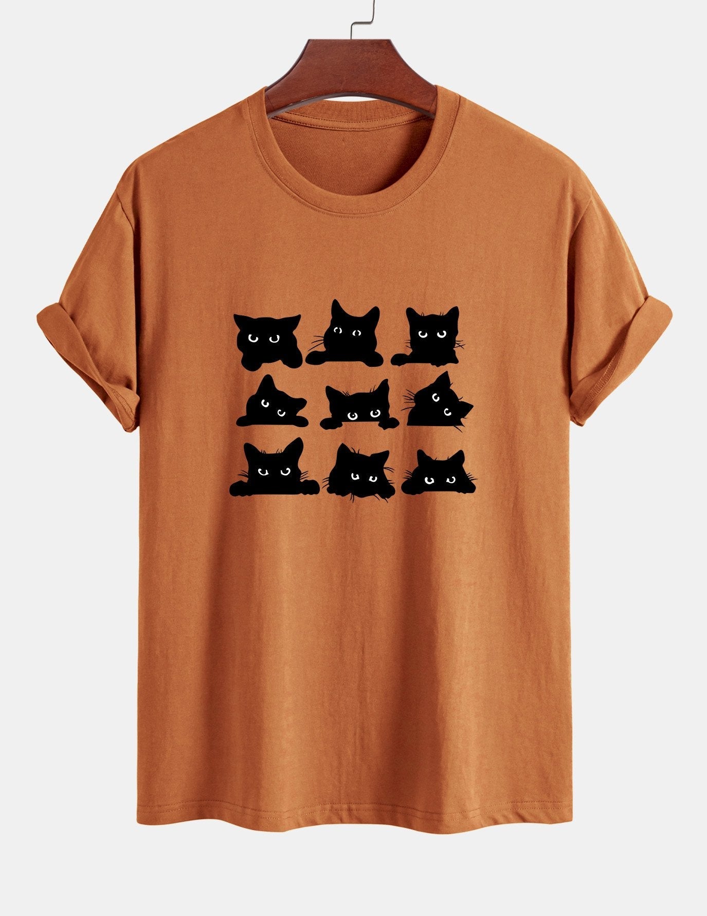 Schwarzes Baumwoll-T-Shirt mit Katzen-Print in normaler Passform