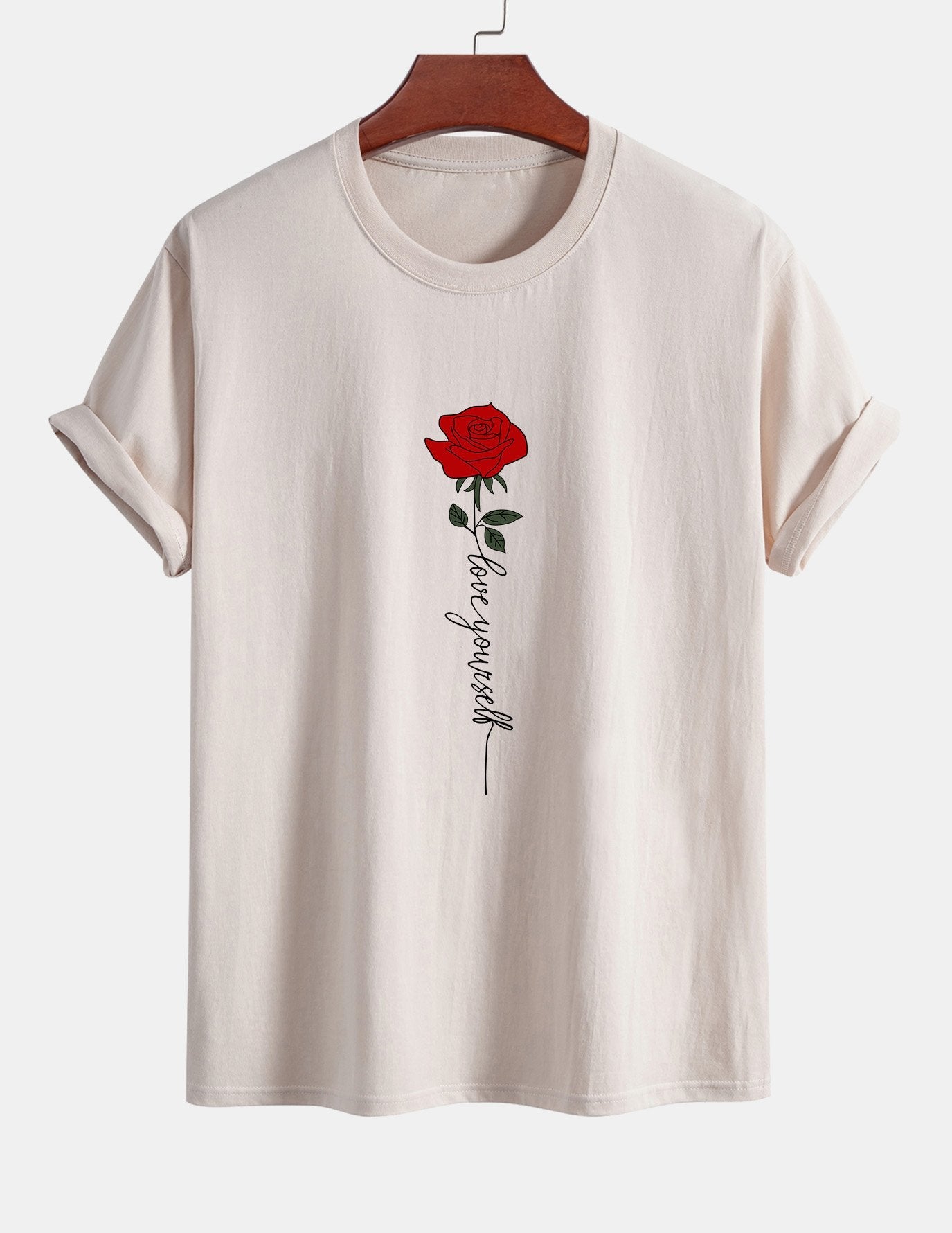 Baumwoll-T-Shirt mit Rosen-Slogan-Print in normaler Passform