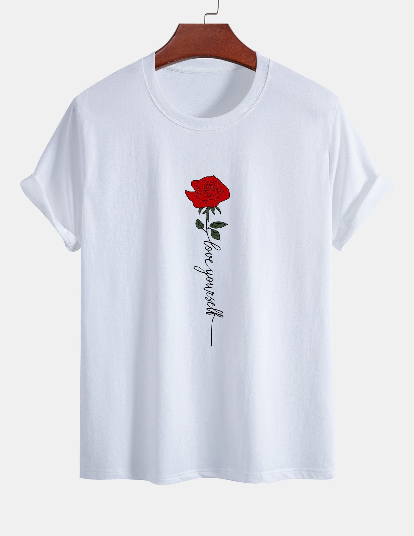 Baumwoll-T-Shirt mit Rosen-Slogan-Print in normaler Passform