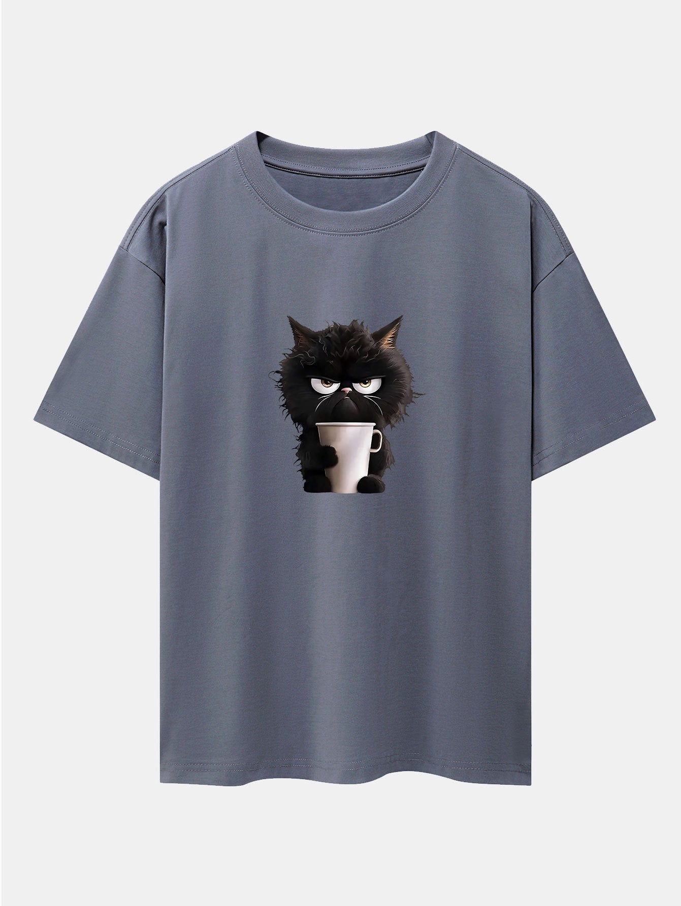 Schwarzes Oversize-T-Shirt mit überschnittener Schulter und Kaffeetrinken-Aufdruck
