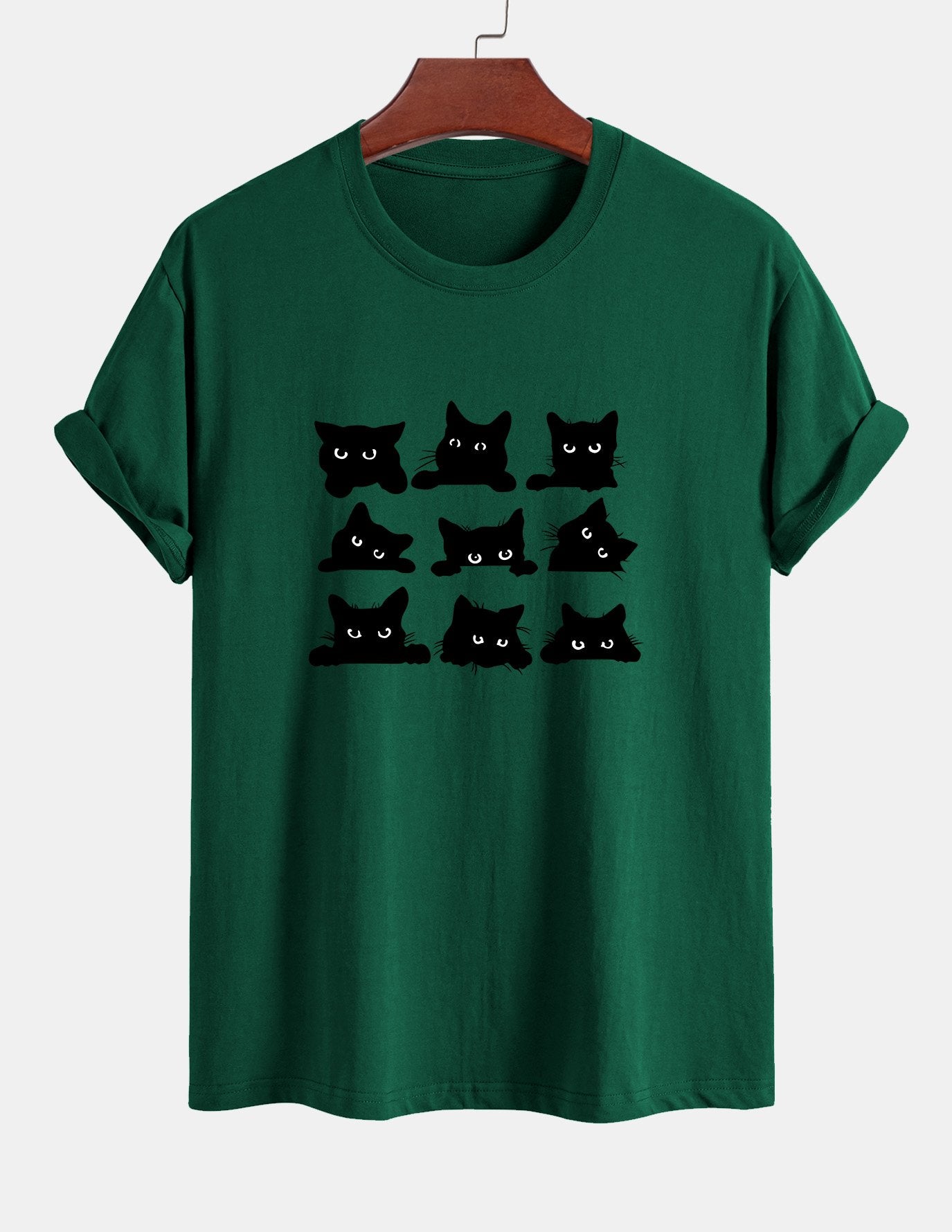Schwarzes Baumwoll-T-Shirt mit Katzen-Print in normaler Passform