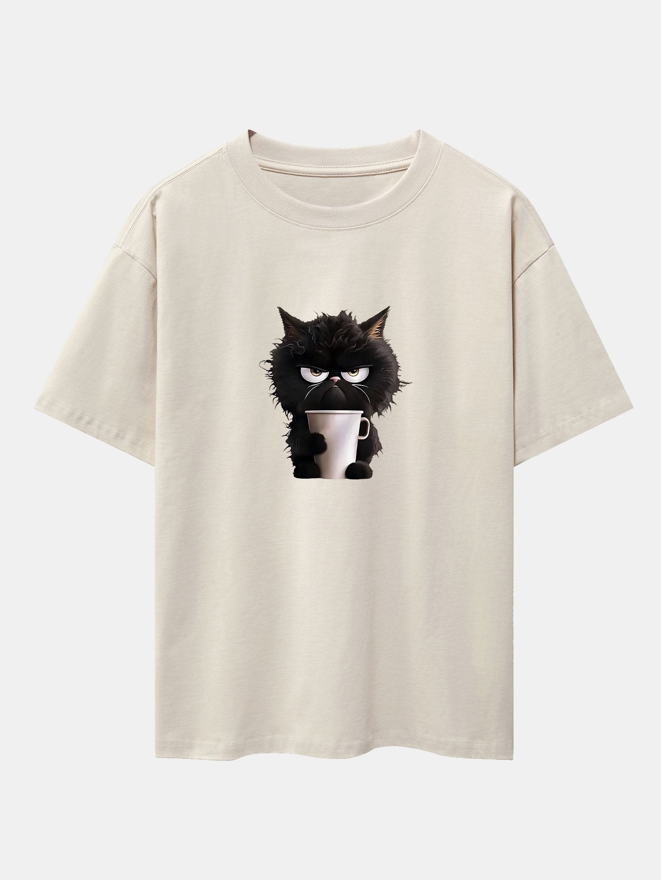 Schwarzes Oversize-T-Shirt mit überschnittener Schulter und Kaffeetrinken-Aufdruck