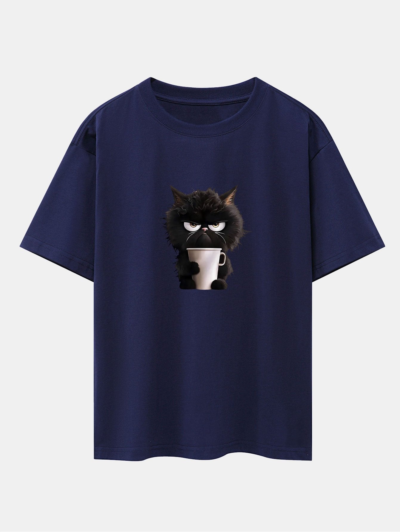 Schwarzes Oversize-T-Shirt mit überschnittener Schulter und Kaffeetrinken-Aufdruck