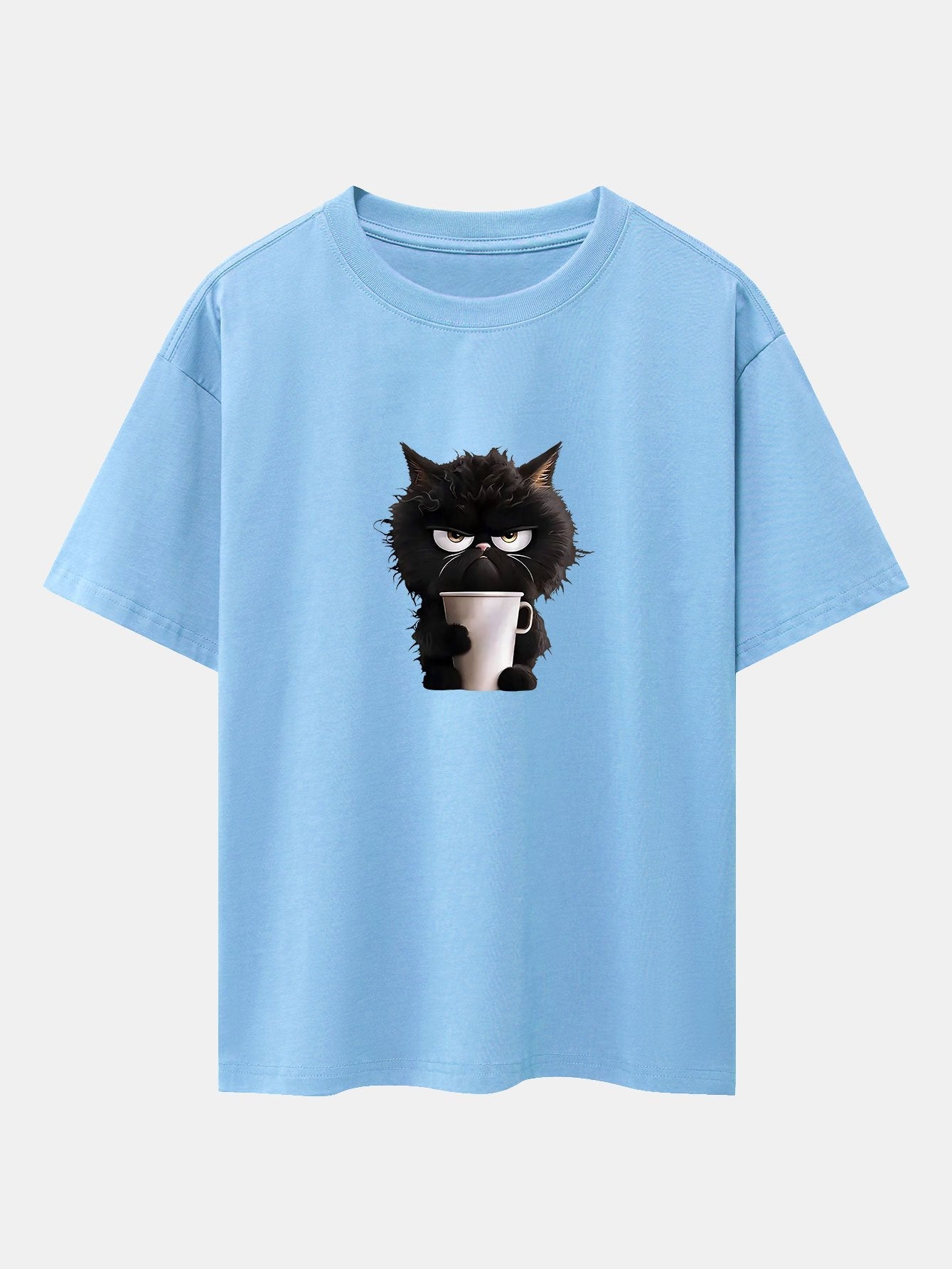 Schwarzes Oversize-T-Shirt mit überschnittener Schulter und Kaffeetrinken-Aufdruck