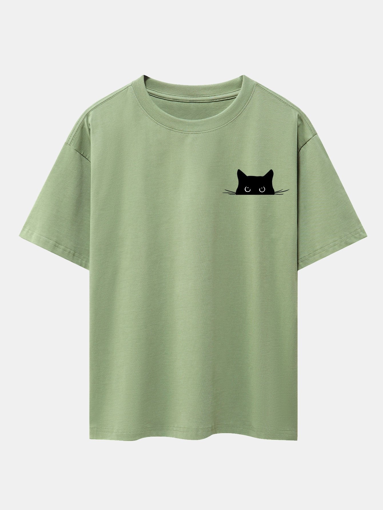 Schwarzes Oversize-T-Shirt mit überschnittener Schulter und Katzen-Print