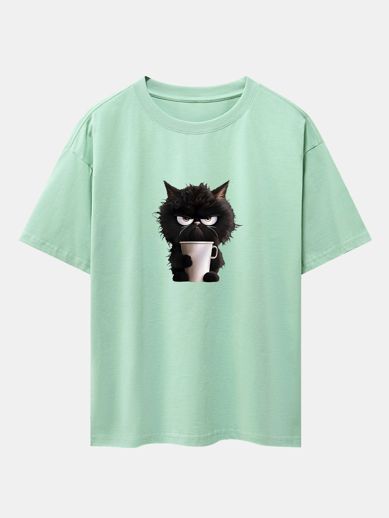 Schwarzes Oversize-T-Shirt mit überschnittener Schulter und Kaffeetrinken-Aufdruck