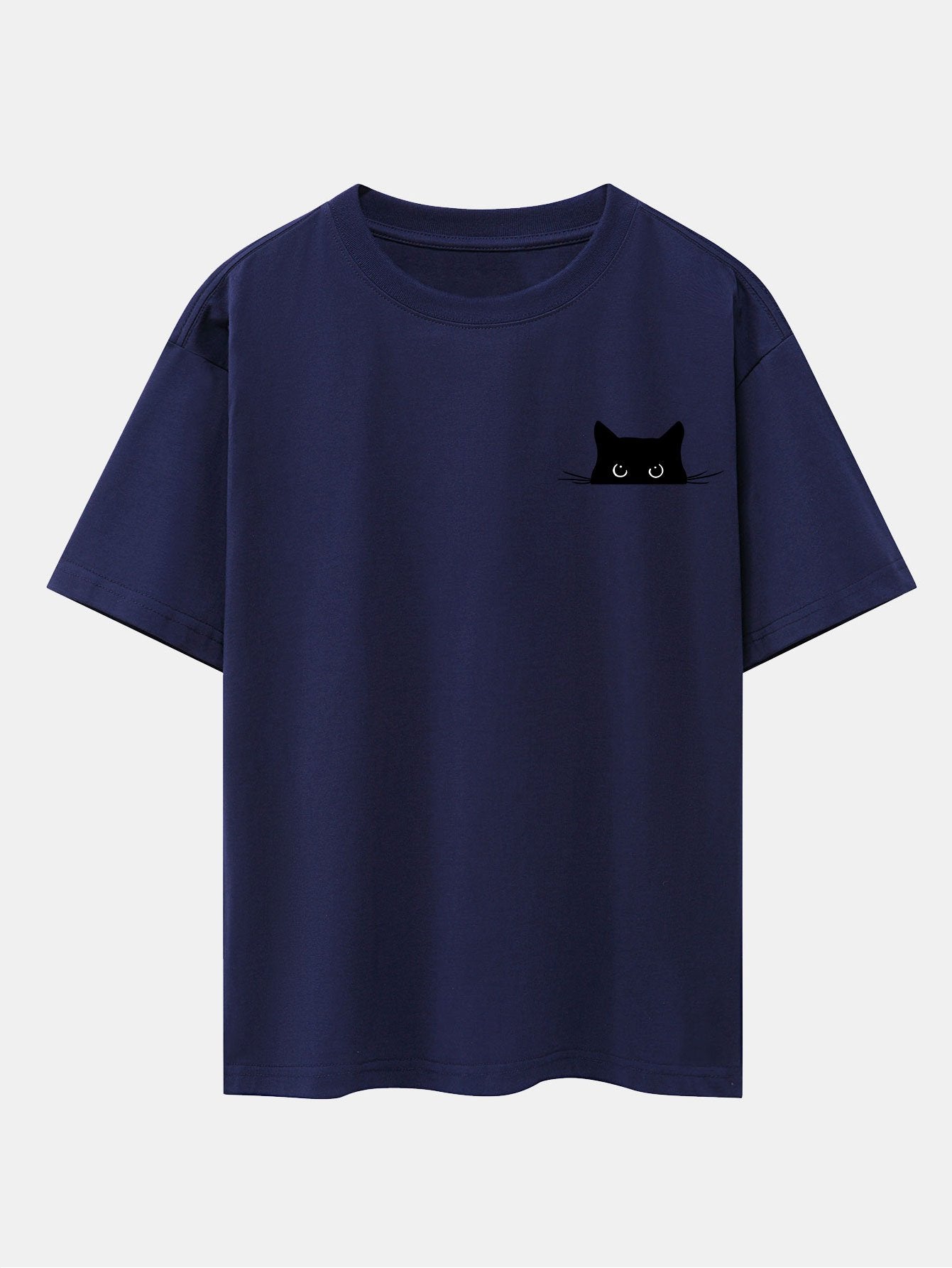 Schwarzes Oversize-T-Shirt mit überschnittener Schulter und Katzen-Print