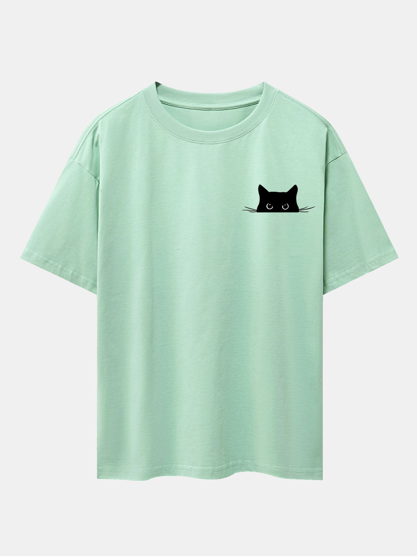 Schwarzes Oversize-T-Shirt mit überschnittener Schulter und Katzen-Print