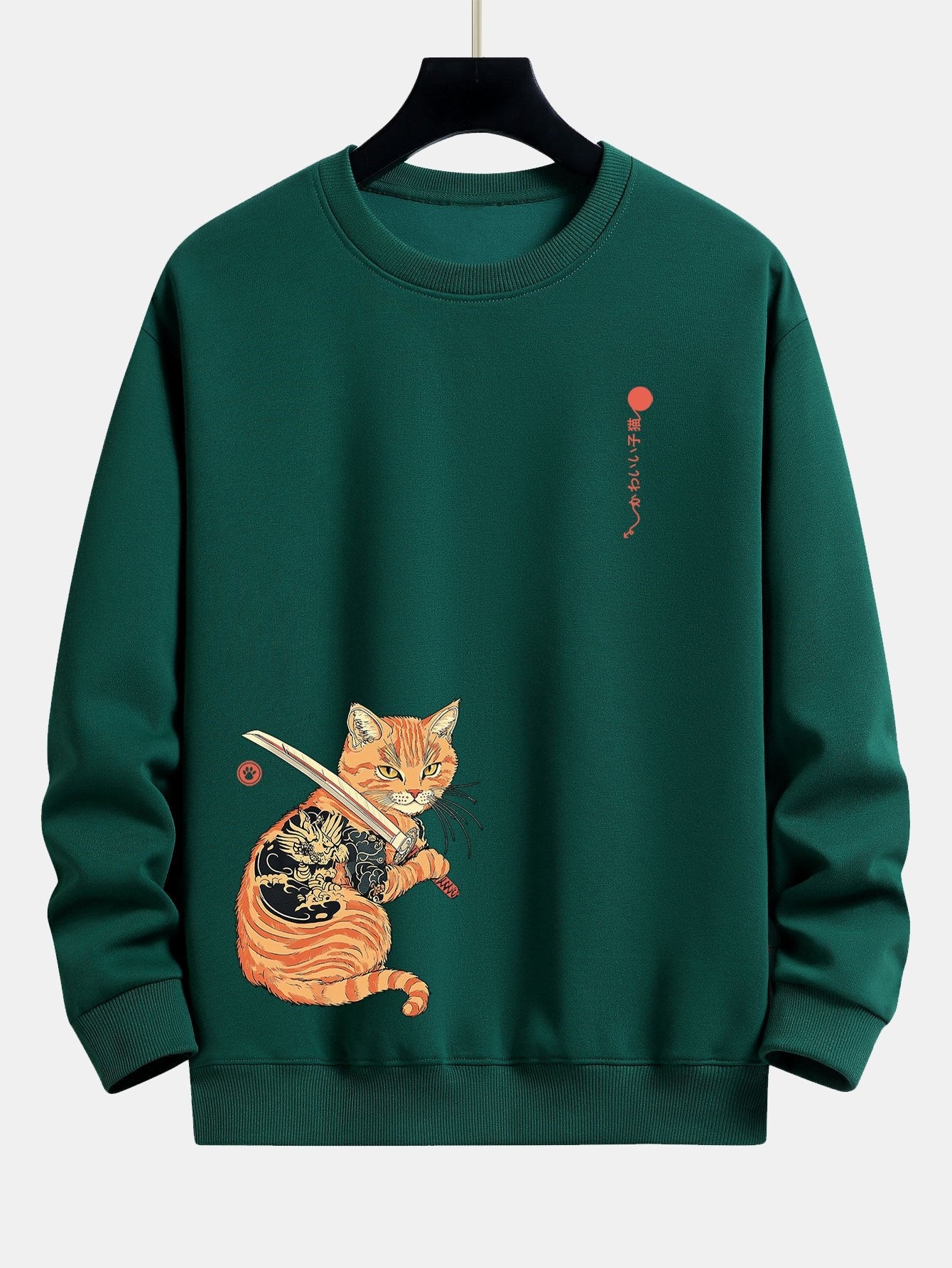 Relaxed Fit Sweatshirt mit Samurai-Kriegerkatzen-Print
