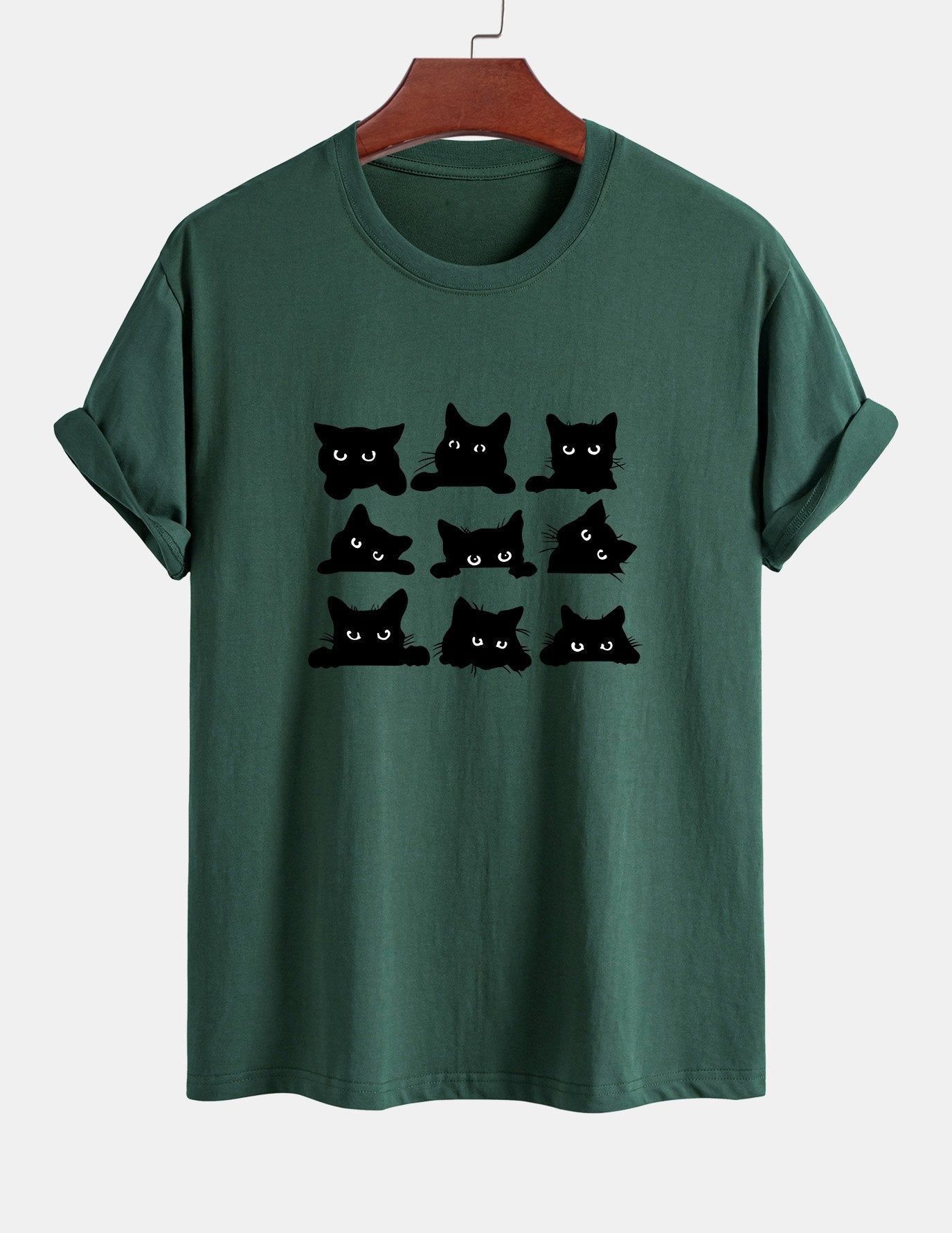 Schwarzes Baumwoll-T-Shirt mit Katzen-Print in normaler Passform