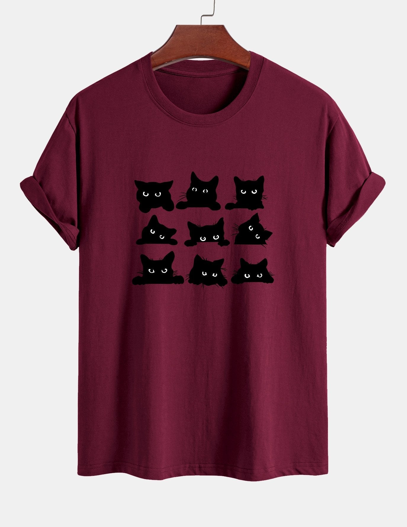 Schwarzes Baumwoll-T-Shirt mit Katzen-Print in normaler Passform