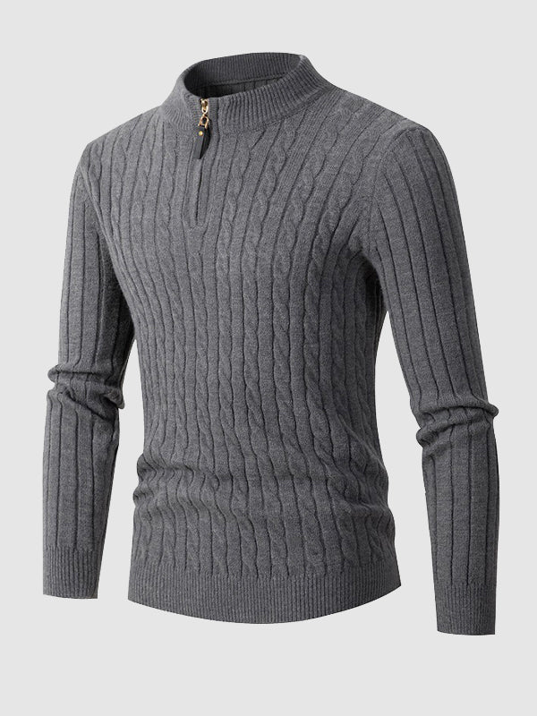 Lässiger Herrenpullover mit Zopfmuster, halbem Reißverschluss und Stehkragen