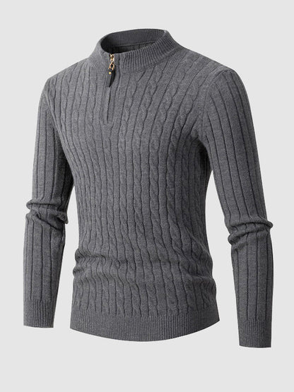 Lässiger Herrenpullover mit Zopfmuster, halbem Reißverschluss und Stehkragen
