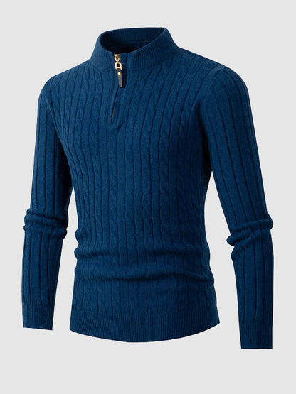 Lässiger Herrenpullover mit Zopfmuster, halbem Reißverschluss und Stehkragen