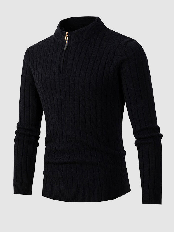Lässiger Herrenpullover mit Zopfmuster, halbem Reißverschluss und Stehkragen