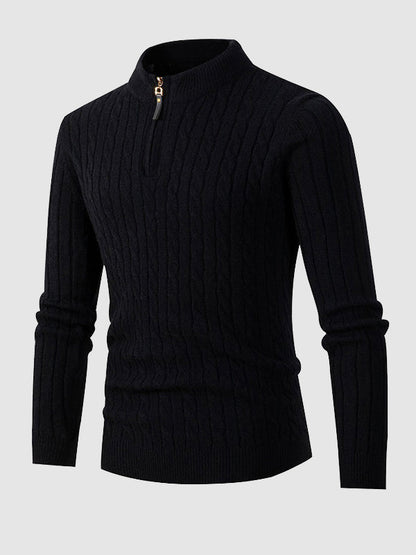 Lässiger Herrenpullover mit Zopfmuster, halbem Reißverschluss und Stehkragen