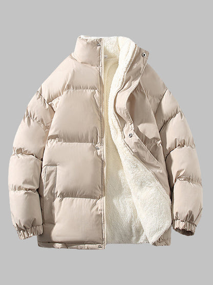 Men's solid color fleece-lined stand collar warm puffer jacket