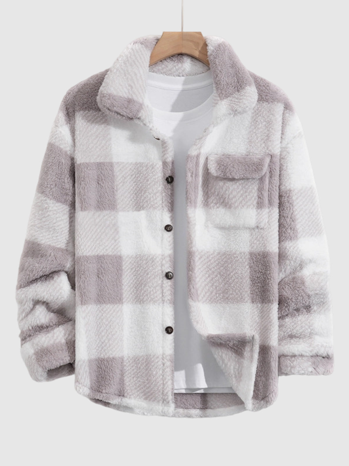 Men's Classic Plaid Fluffy Faux Fur Single Pocket Button Lapel Jacket